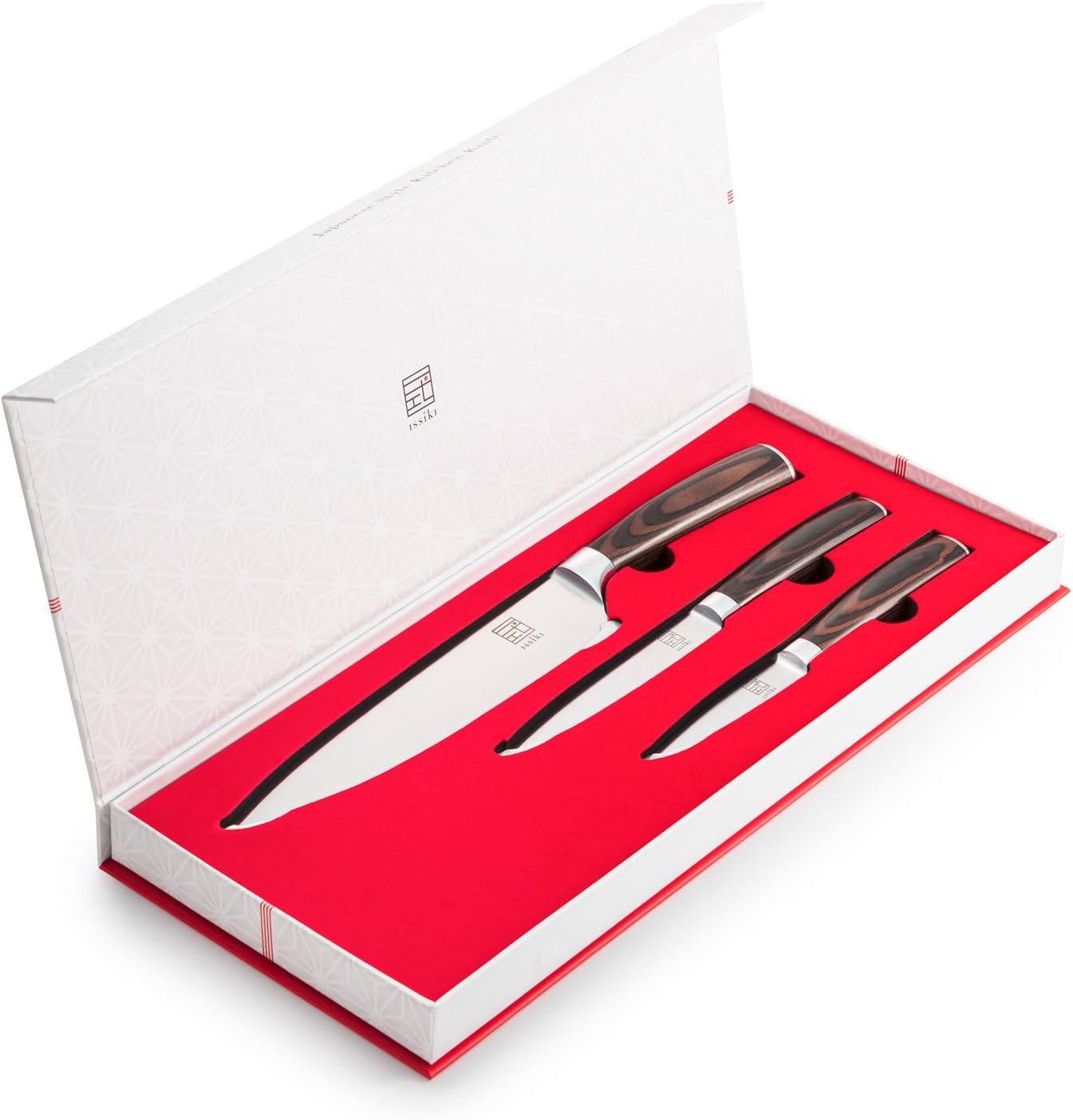 ISSIKI Cutlery 3 Knife Set, GYUTO 8inch Chef's Knife & 5inch Utility & 3.5inch Paring Directed by Japanese, Impressive Deluxe Gift Box, Stainless Steel Blade w/ Prolonged Sharpness, Pakkawood Handle