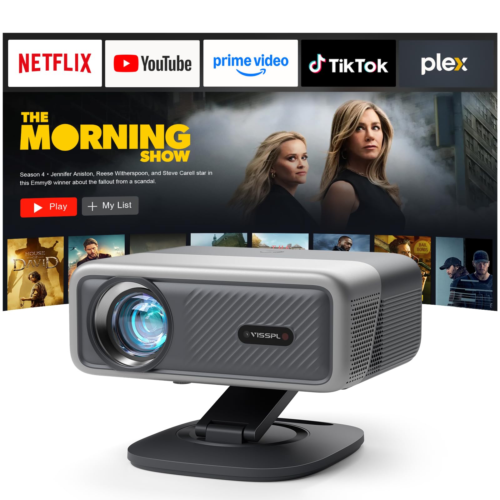 Smart Beamer 4K[Kompatibel mit Netflix] 3D Dolby Audio VISSPL 30000Lumen Autofokus/Auto Trapezkorrektur Projektor,WiFi6 Bluetooth Beamer 4K Heimkino,Outdoor Video Projektor Mit 360° Drehbarem Ständer