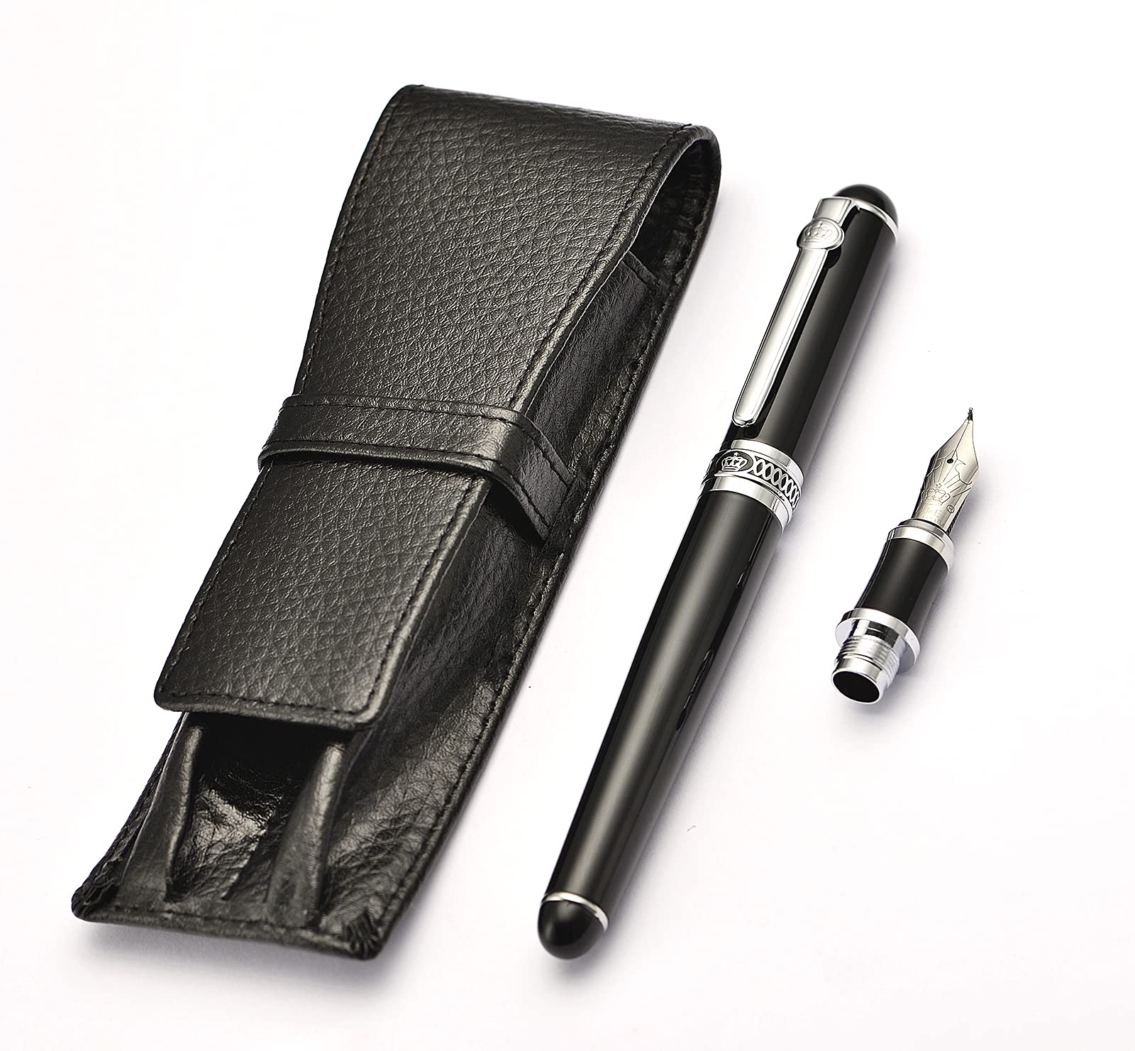 Lanxivi Duke Black Fountain Pen + Fude Bent Nib + Black Leather Pen Case Set for Handwriting,Signature,Calligraphy,Art Drawing and sketching