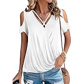 LEIYEE Womens Summer Cold Shoulder Tops Sexy Casual Short Sleeve Wrap V Neck T Shirts Cute Loose Fit Blouse
