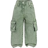 WDIRARA Toddler Girl's Baggy Cargo Jeans Elastic Waist Straight Leg Denim Pants with Flap Pockets