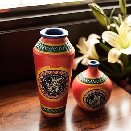 ExclusiveLane Madhubani Handpainted Living Room & Home Decorative Flower Terracotta Vases (Set of 2) - Flower Pots Artifacts Terracotta Pots Home Decor Gift Item