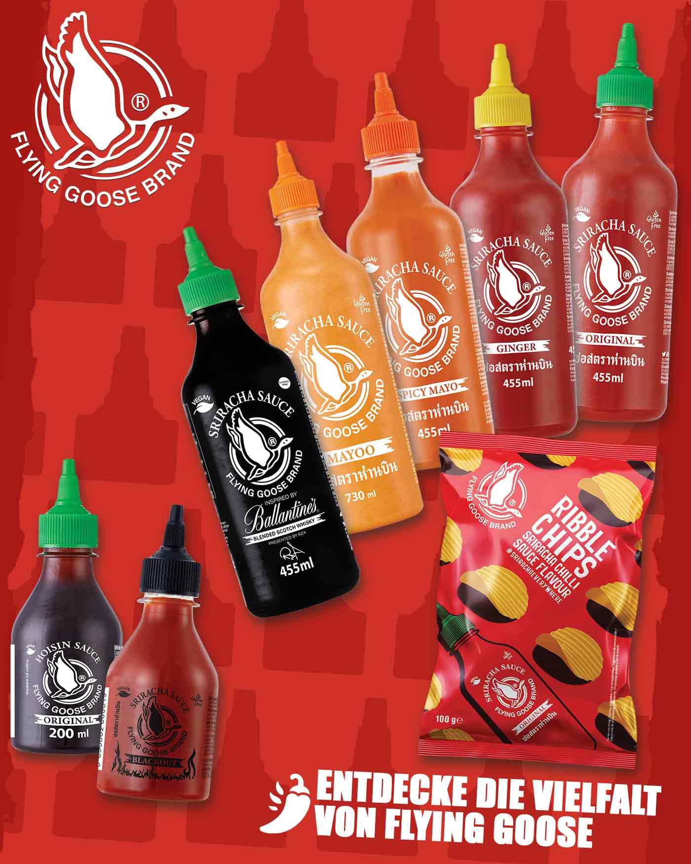 FLYING GOOSE Sriracha Chilisauce, das Original, scharf, grüne Kappe, scharfe Würzsauce aus Thailand, 1 x 455 ml 5
