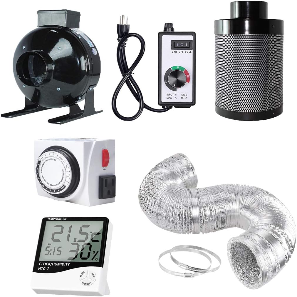 4" Carbon Filter Kit Combo Inline Ventilation Fan+Ducting+Timer+Hygrometer Thermometer+Fan Speed Controller for Indoor Plants Growing System (4'' Ventilation Kit)