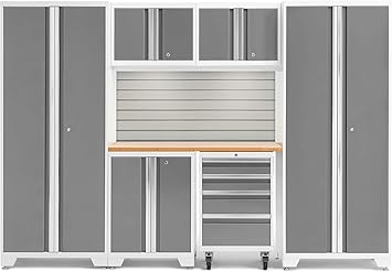 Newage Products Bold Series White 7 Piece Set Garage Cabinets 54878 White With Bamboo Worktop Amazon Com