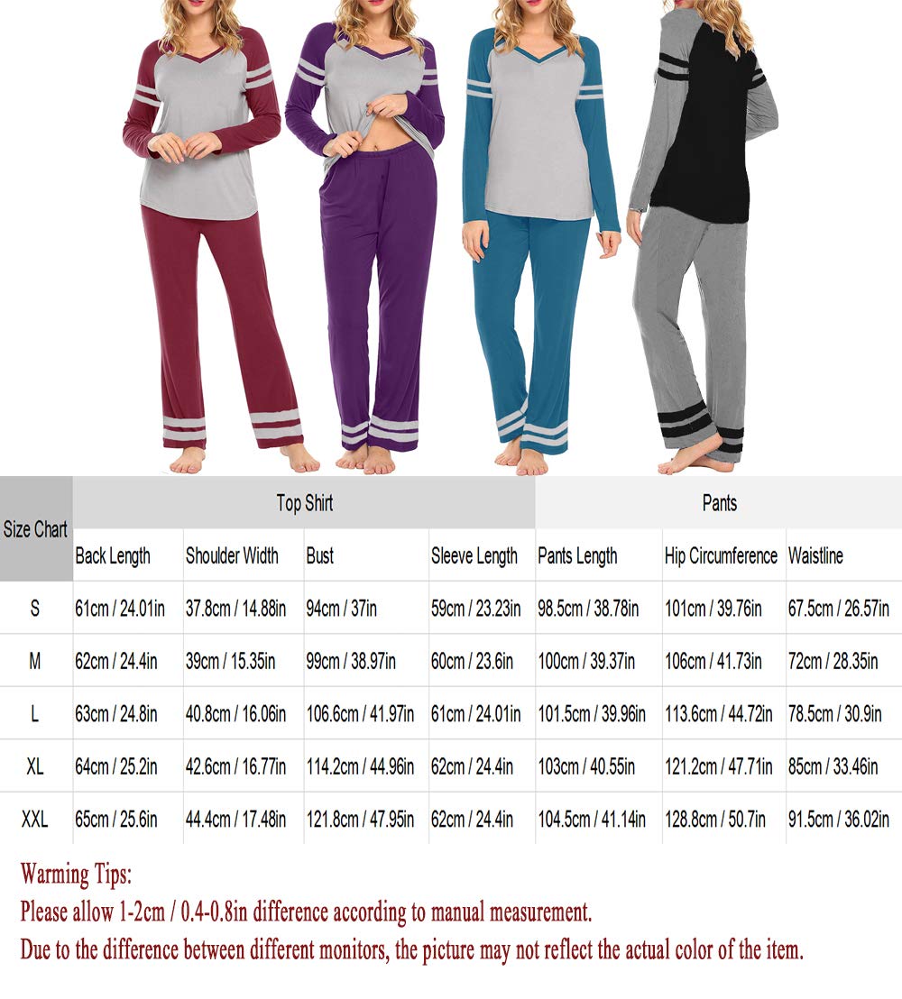 AOVXO Soft Pajama Set for Women Casual V-Neck Long Sleeve Loose Loungewear Set Long Sleeve Tops & Long Sleep Pants with Pockets Loungewear (Purple with Grey, XXL)