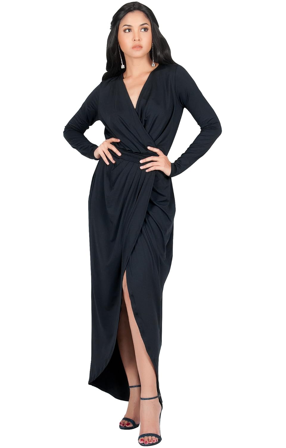 KOH KOH Womens Long Sleeve Formal Wrap Draped Cocktail V-Neck Gown Maxi Dress