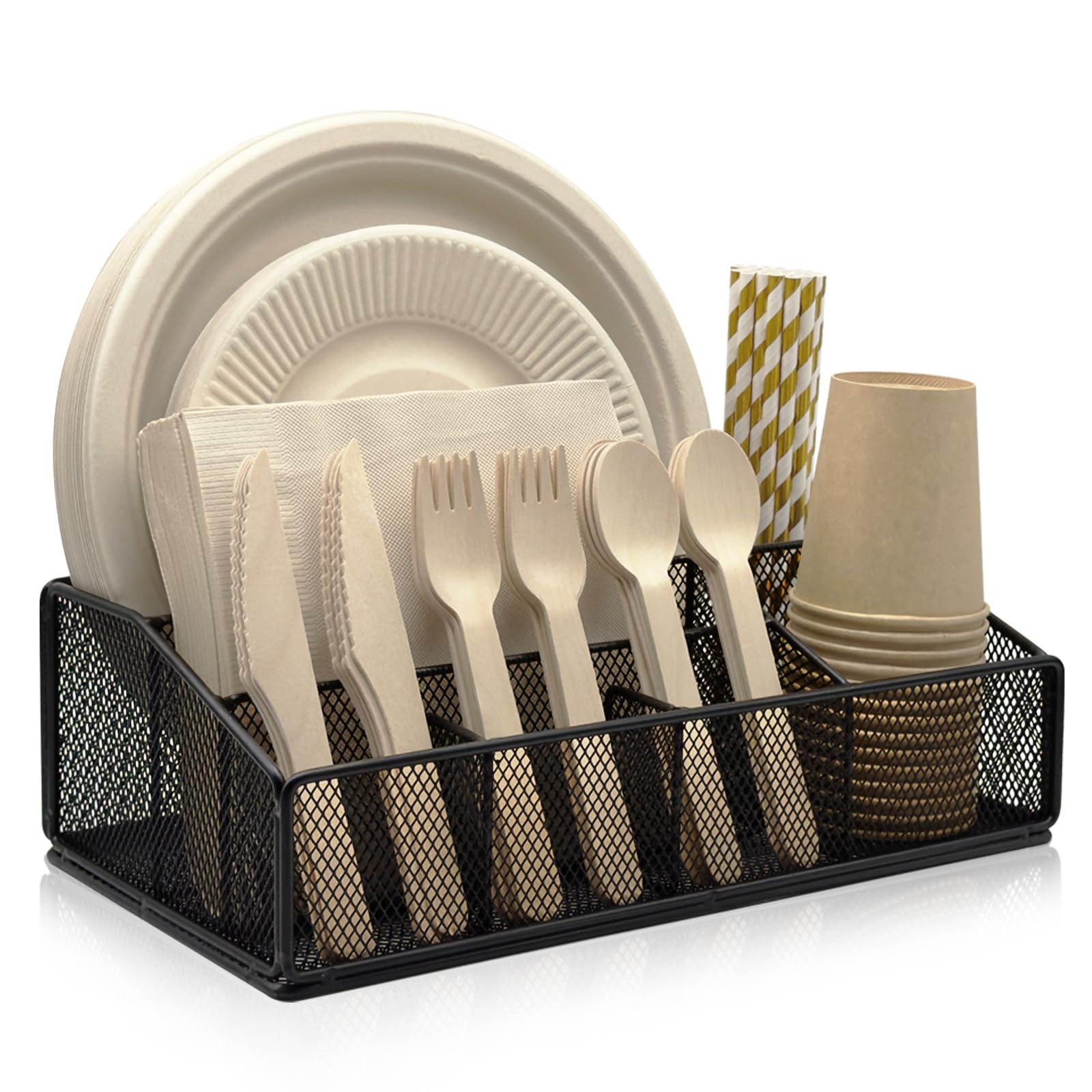 DysanVica Paper Plate Organizer for Countertop - Metal Silverware Caddy ...