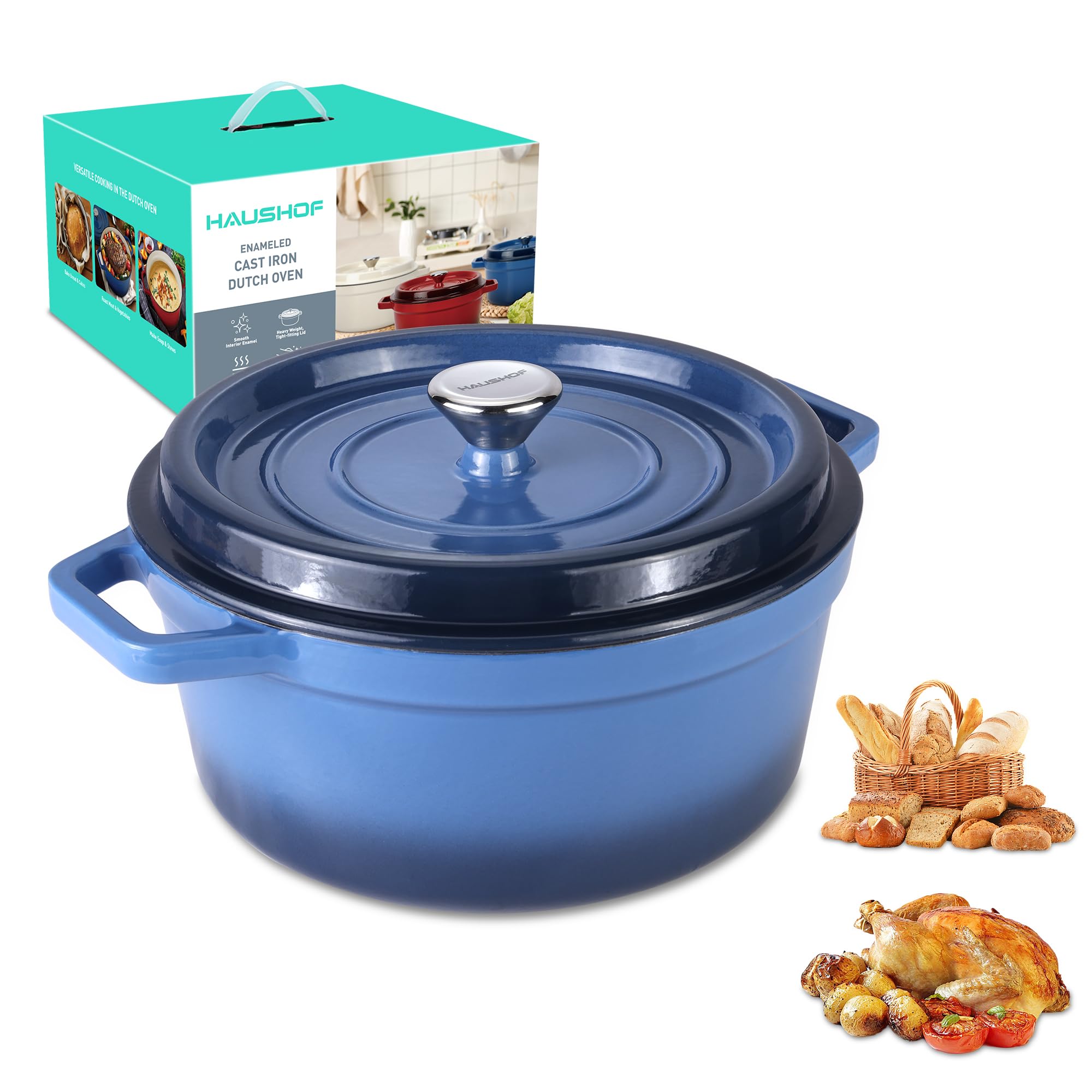 HAUSHOF 5.3QT Enameled Cast Iron Dutch Oven with Lid, Non-Stick Pot for Sourdough Bread Baking, Stewing, Rosting, Blue