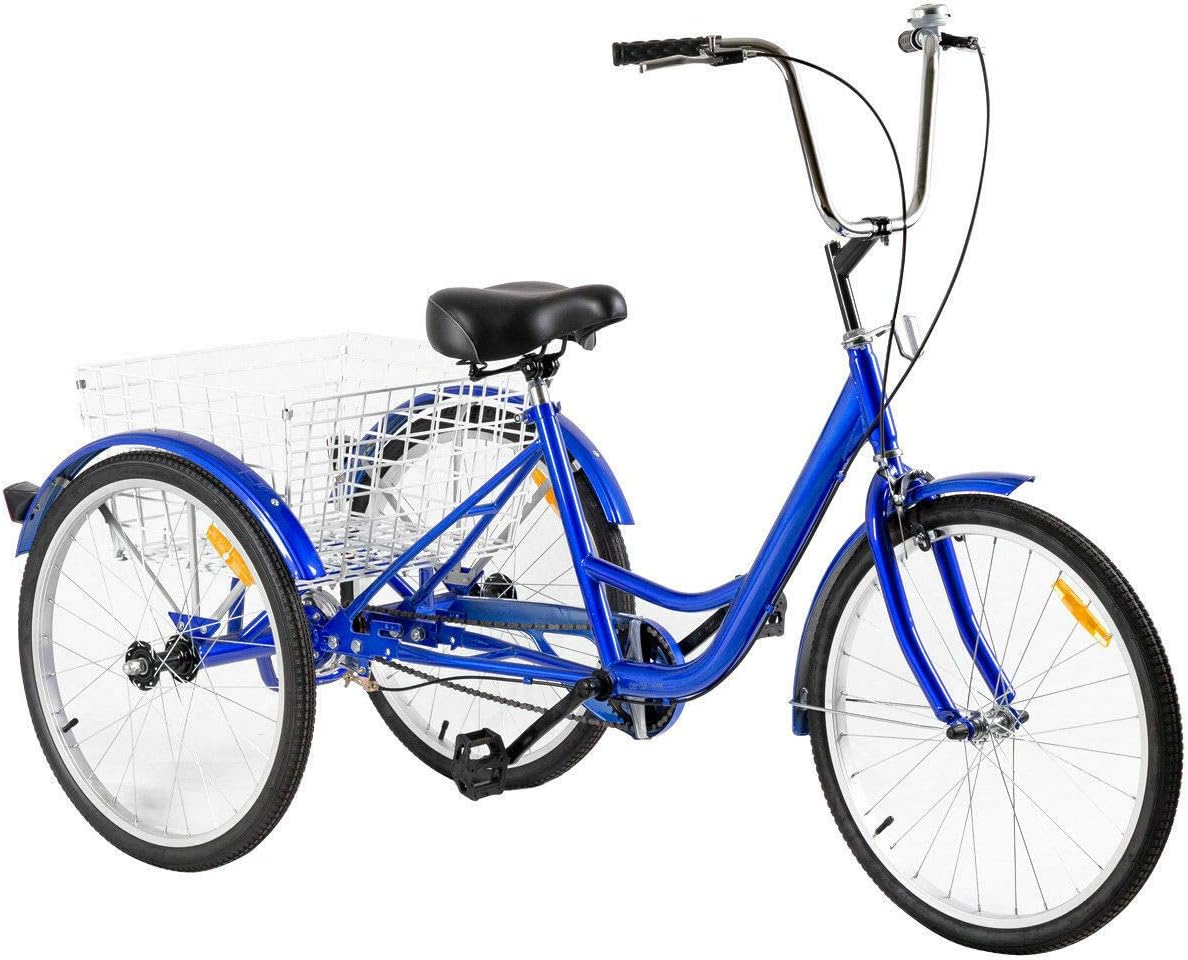 3-Wheeled Adult Tricycle with Large Size Basket Basket 24" Single Speed Seat Height Adjustable with Bell Exercise Bike for Recreation and Shopping