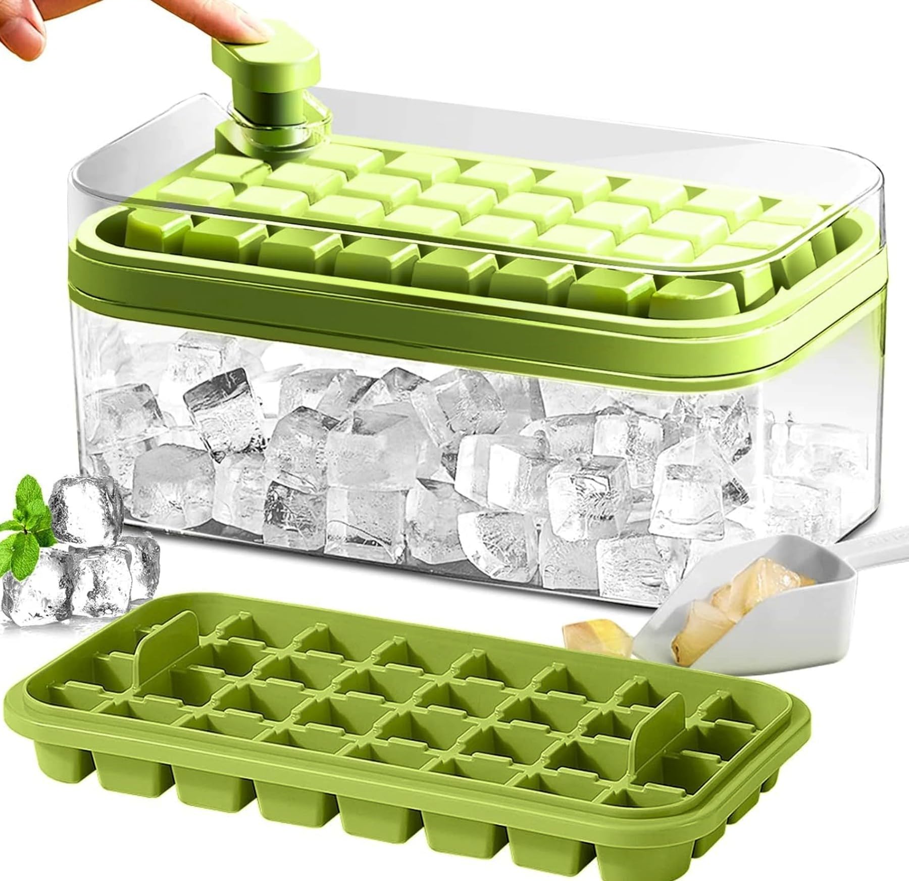 Ice Cube Tray with Lid - BPA Free 64 Pcs Ice Cubes Molds, Freezer with 2 Trays Ice Molds Press to Release All Ice Cube, Flexible Safe Ice Cube Molds Comes with Ice Container, Scoop and Cover (Green)