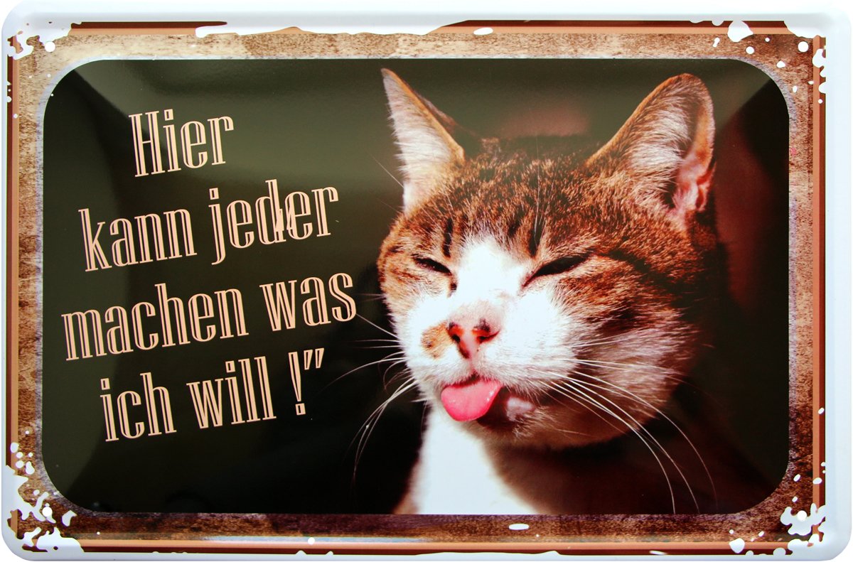 1529 Tin Sign with German Text "Hier kann jeden machen was ich will" Cat Funny Decoration 20 x 30 cm