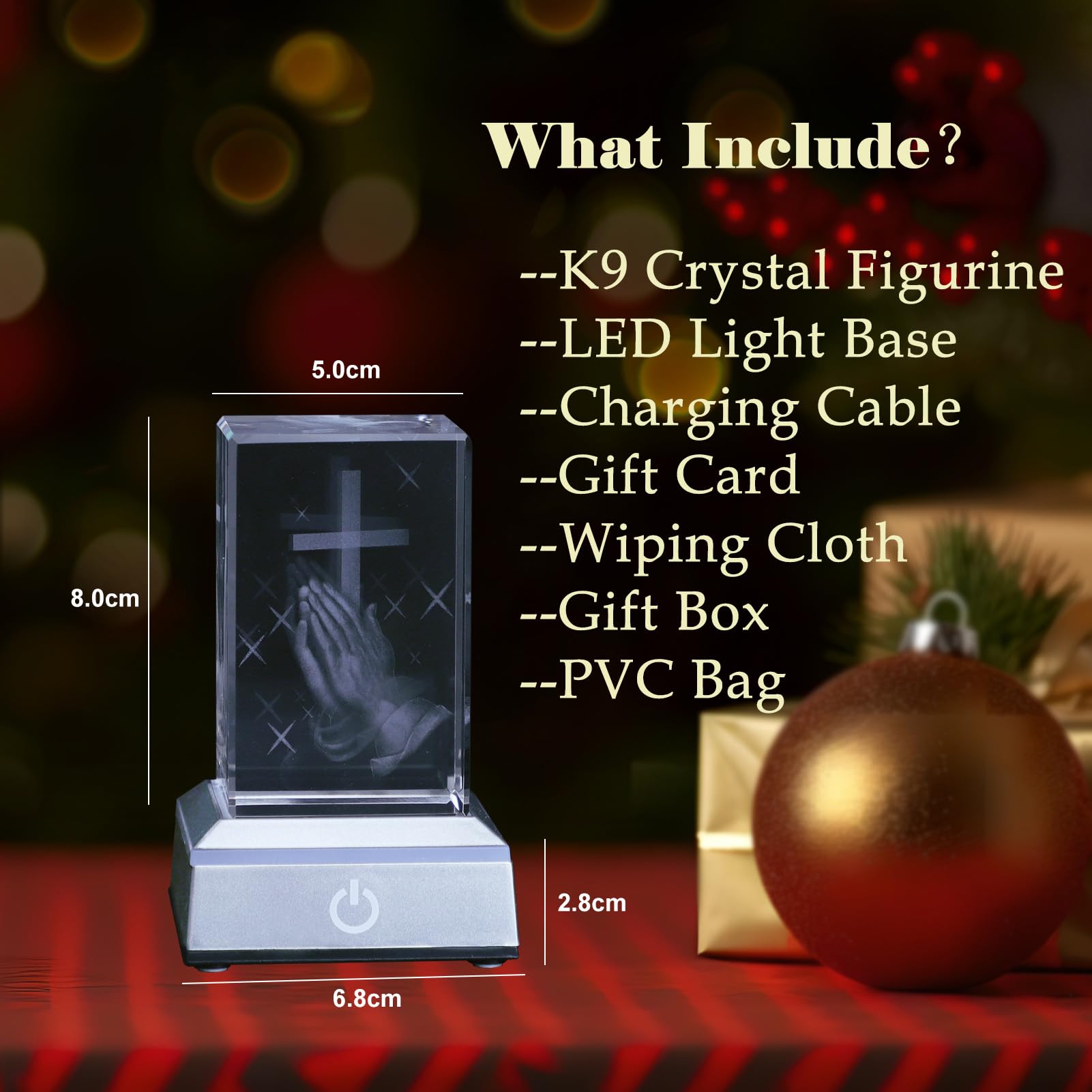 KOMI 3D Crystal Figurine Statue with LED Light Base, Laser Engraved Praying Hand Cross Statues Religious Gifts for Women Men, Night Light for Bedroom, Christian Catholic Gifts