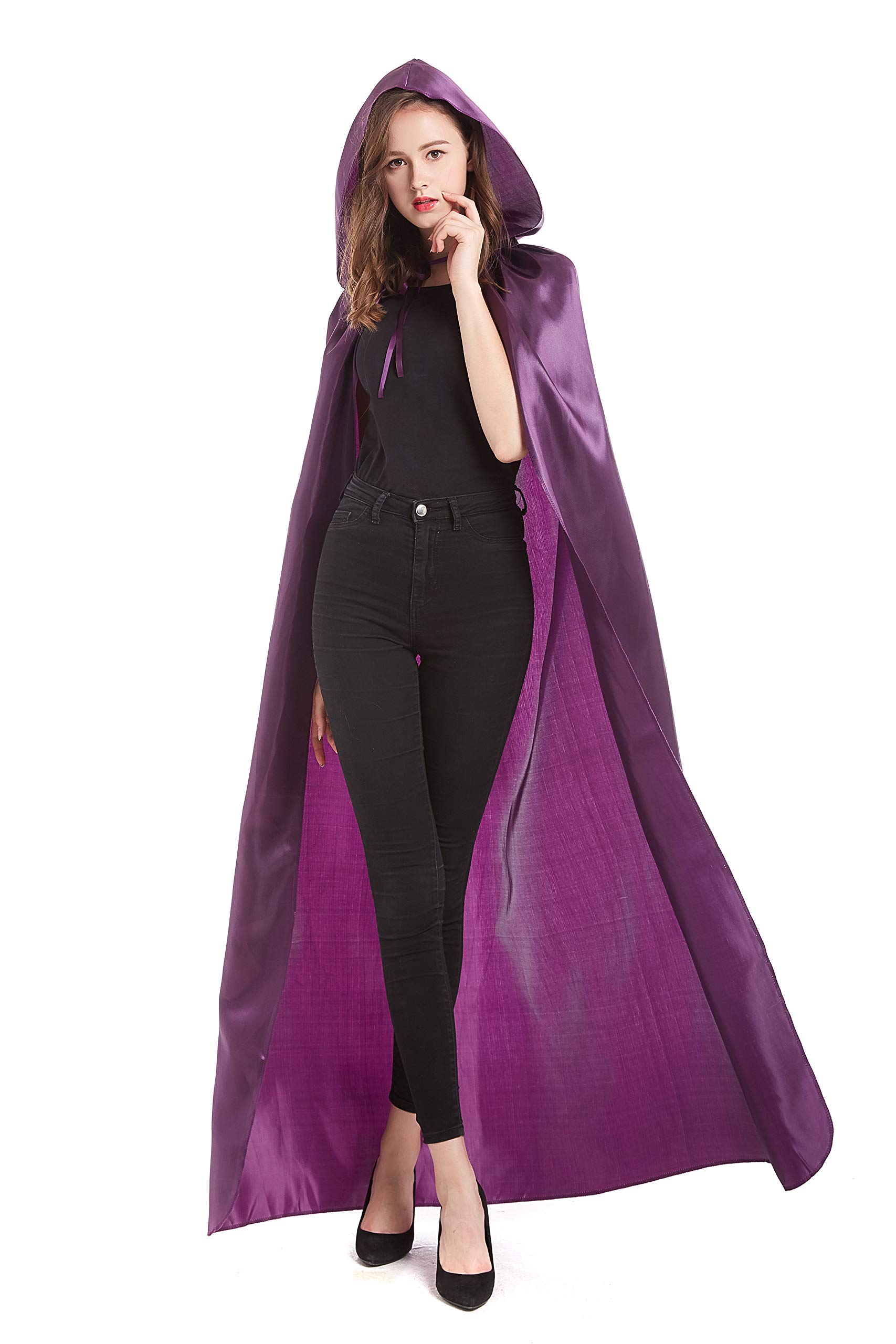DIFLY 59-inch Satin Hooded Cape Unisex Halloween Cloak for Devil Witch Wizard Halloween Christmas Cosplay (Purple)(Size: L)