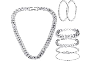 Yinkin 6 Pcs Link Chain jewelry sets for Woman with Rhinestone Necklace Bracelet Earrings Bling Diamond chunky Chain Jewelry