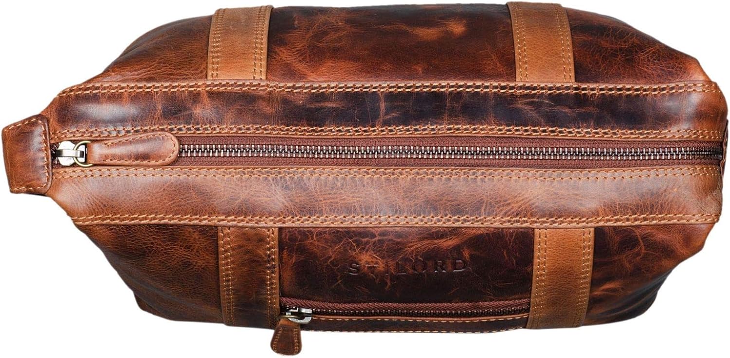 STILORD "Bruno" Men's Wash Bag Vintage Leather Travel Toilet Bag Toilet Kit with Wrist Strap 2 Compartments Overnight Wash Gym Bag Colour:Kara - Image 5