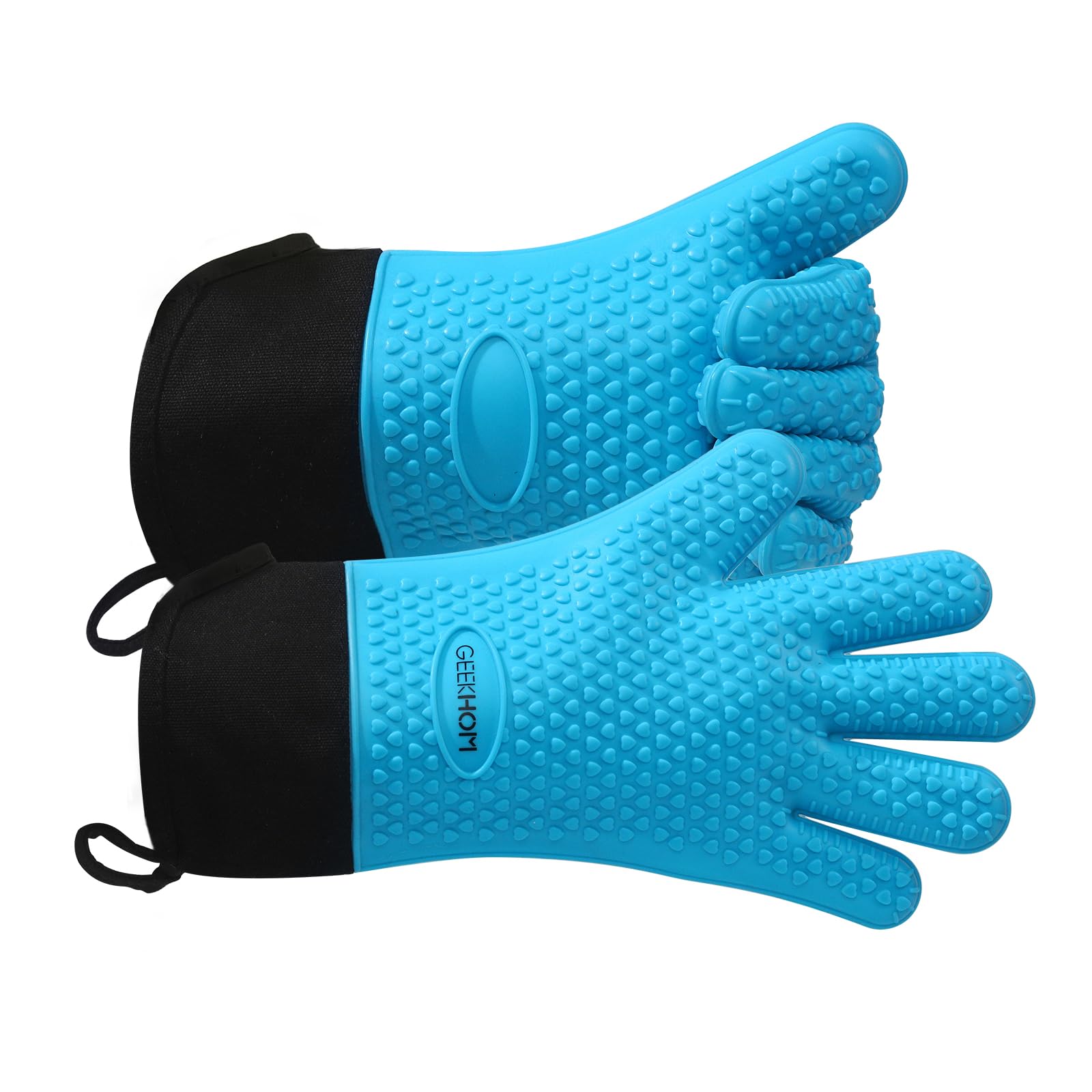 GEEKHOM Silicone BBQ Gloves X-Large, Heat Resistant Kitchen Oven Mitts, Waterproof Oven Gloves, BBQ Grill Accessories for Baking, Fryer, Smoker, Weber, Microwave, Non-Slip Oil Resistant, Blue