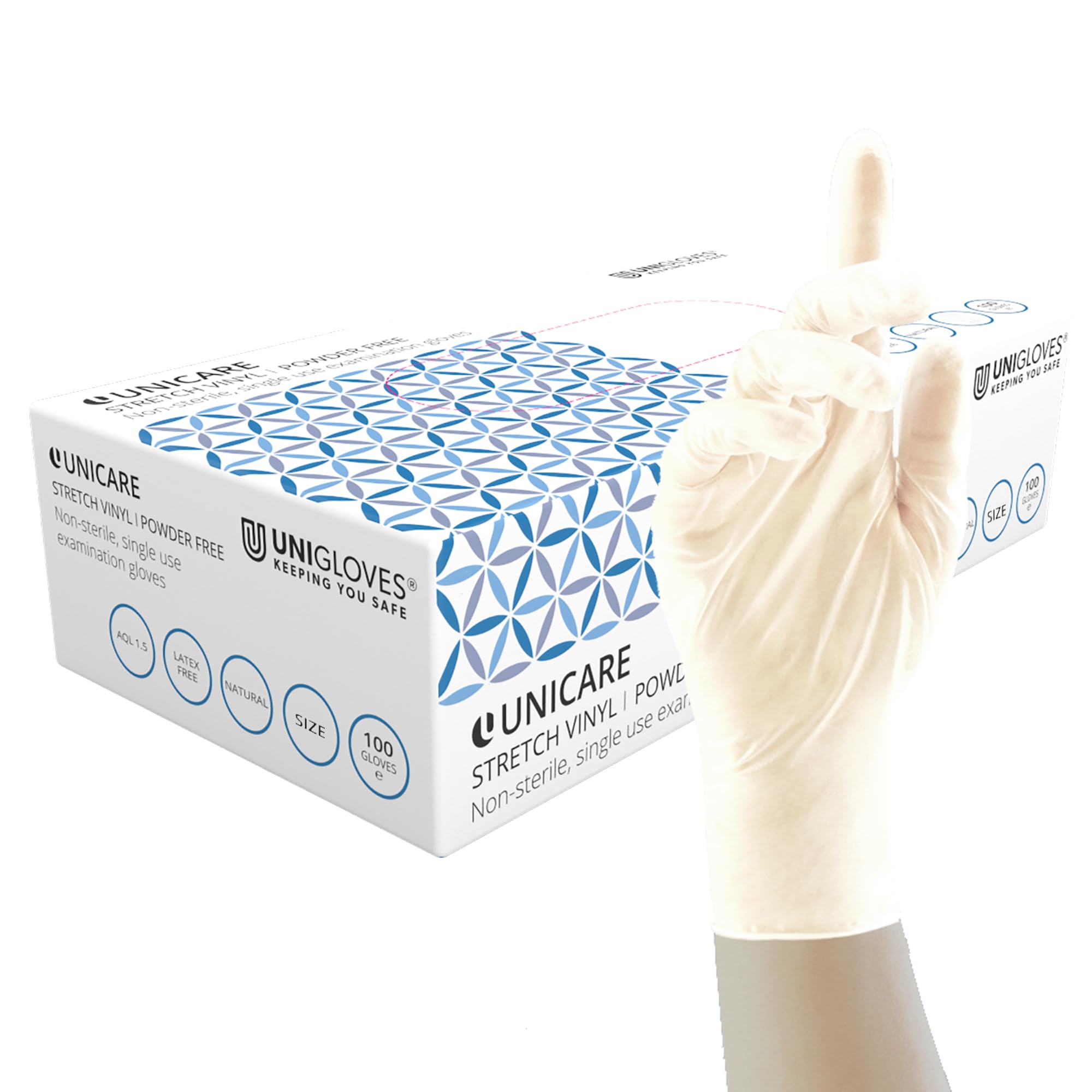 Unigloves Unicare Stretch Vinyl GS0133-A Examination - Multipurpose, Stretch Vinyl Disposable Gloves, Box of 100 Gloves, Natural, Medium