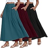 Ficerd 3 Pack Women's Maxi Long Skirts, Ankle Length a Line Elastic High Waist Summer Casual Drawstring Skirts with Pockets