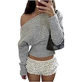GORGLITTER Women's Off The Shoulder Cropped Sweater Long Sleeve Fall Winter Knit Tops Asymmetrical Neck Trendy Pullover