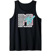 MTV Neon Distressed Checkered Logo Tank Top Small
