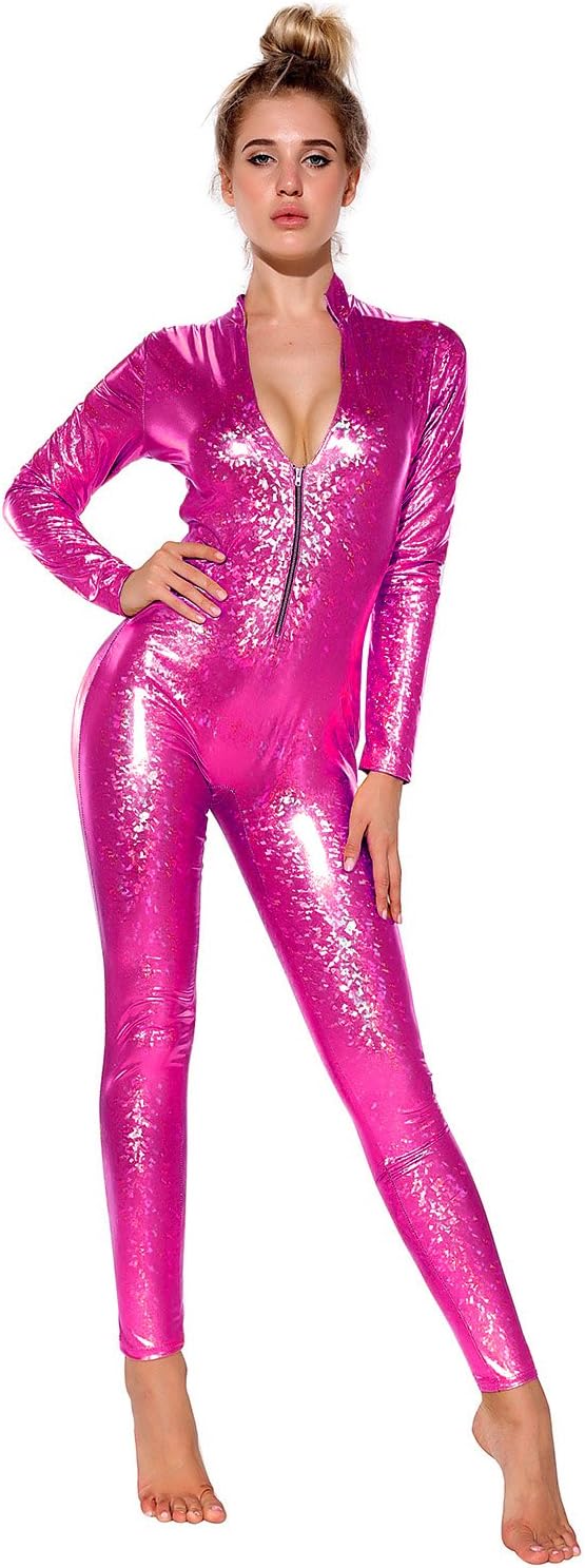 Women's Metallic Zip Front Neck Catsuit Bodysuit