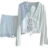 MakeMeChic Women's Boho 2 Piece Outfits Graphic Long Sleeve Tie V Neck Blouse and Shorts Matching Set