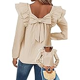 Falechay Womens Bow Tie Back Tops Square Neck Long Ruffle Sleeve Shirts Cute Babydoll Chiffon Texture Women Fall Trendy Tunic
