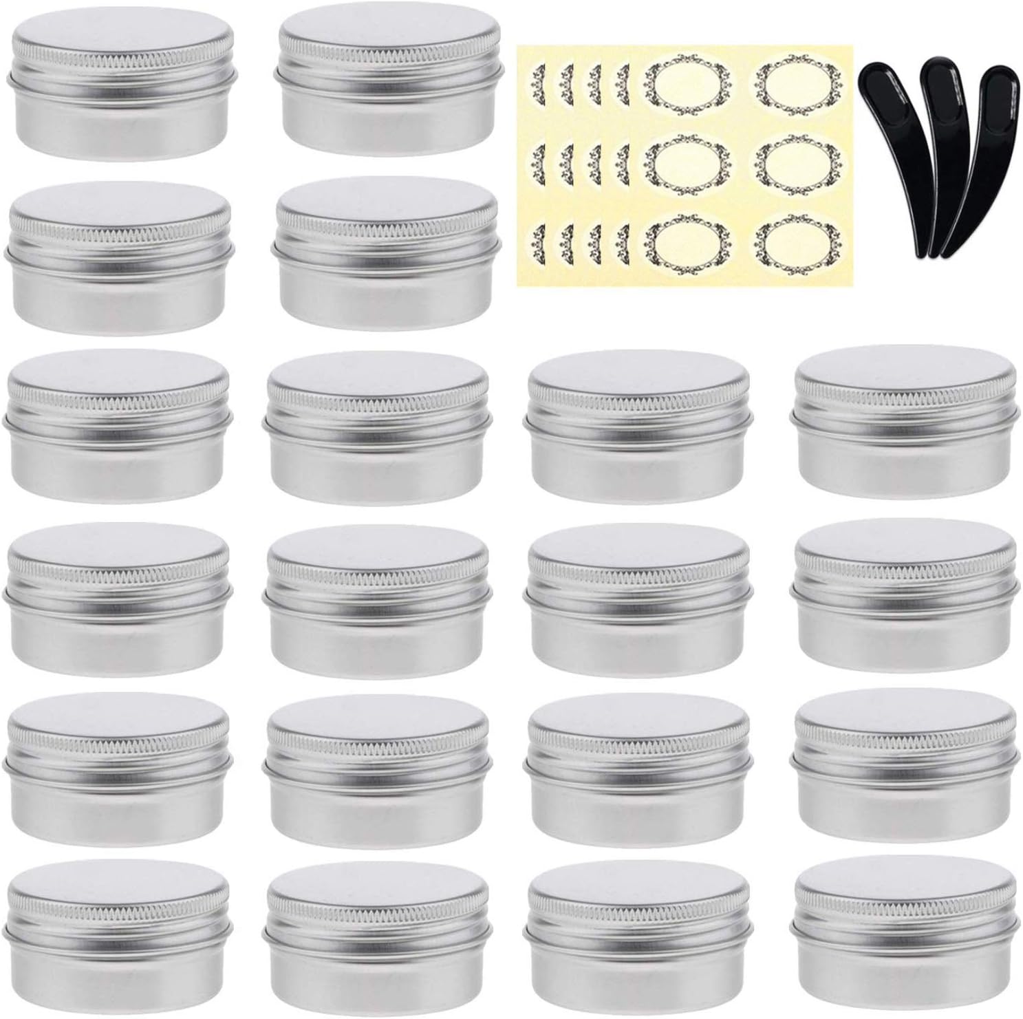 Yalbdopo 20pcs Aluminium Tin Jars Empty Cosmetics Container Sample Pots with Screw Lids, Labels and Mini Spatula for Cream, Powder, Candles, DIY Crafts, Gift, Spices, Makeup Travel Storage (20ml)