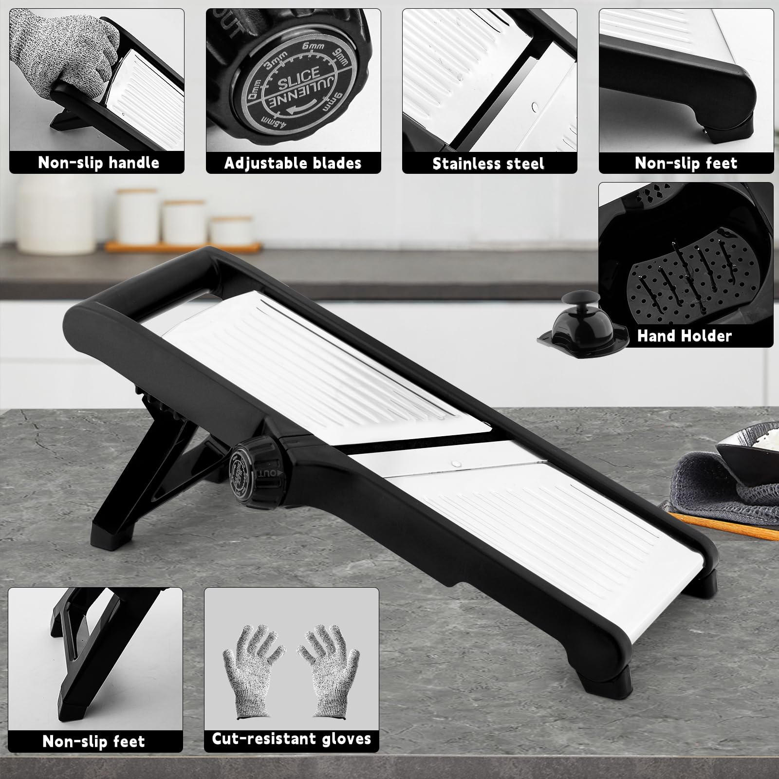 VEKAYA Mandoline Slicer for Kicthen,Adjustable Vegetable Slicer,Food Chopper,Potato Slicer,Mandolin,Tomato Slicer,Veggie Cutter,Stainless Steel Professional with Safety Gloves