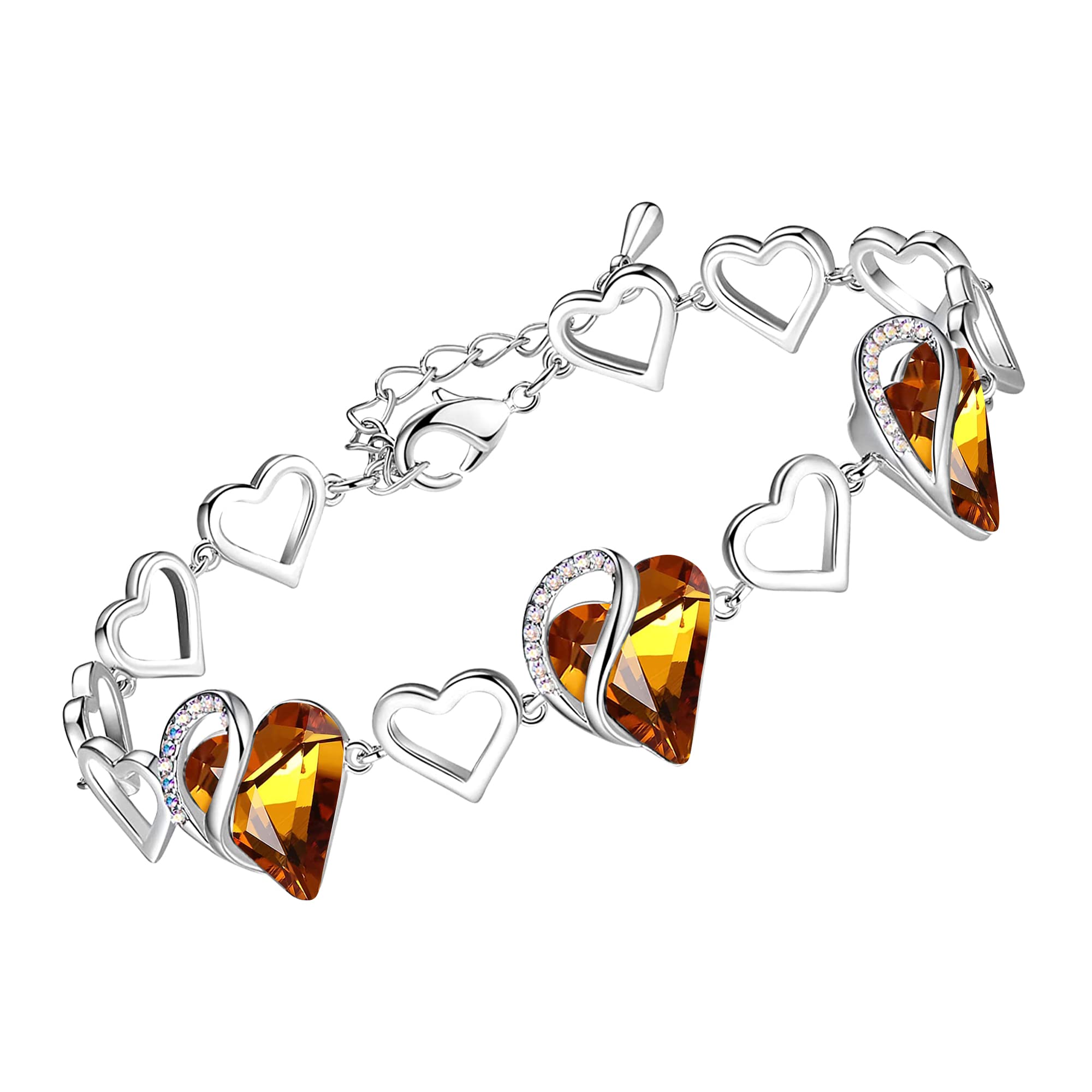 Leafael Valentine's Day Gift Bracelet, Infinity Love November Birthstone Heart Crystal Link Bracelet, Golden Yellow Shade, Silver-Tone Jewelry for Wife Mom Her, 7" + 2" Adjustable Chain — image 1