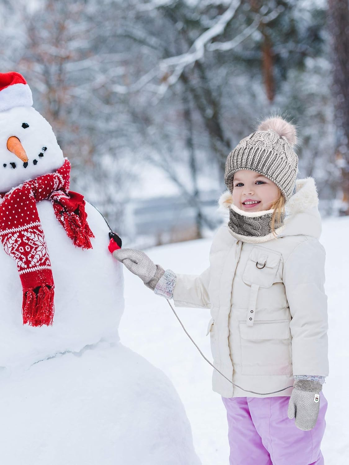Winter Kids Hat Scarf Gloves Set Beanie Hat Thick Scarf Knit Mittens Warm Lining (Gray): Clothing