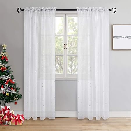 BGment Vorhäng weiß Sheer Stern 2 Stücke Voile mit Stangendurchzug Transparenter Gaze Gardine Wohnzimmer Schlafzimmer 2 Stück