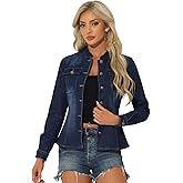 Allegra K Casual Denim Jacket for Women's Classic Stand Collar Long Sleeve Jean Jacket