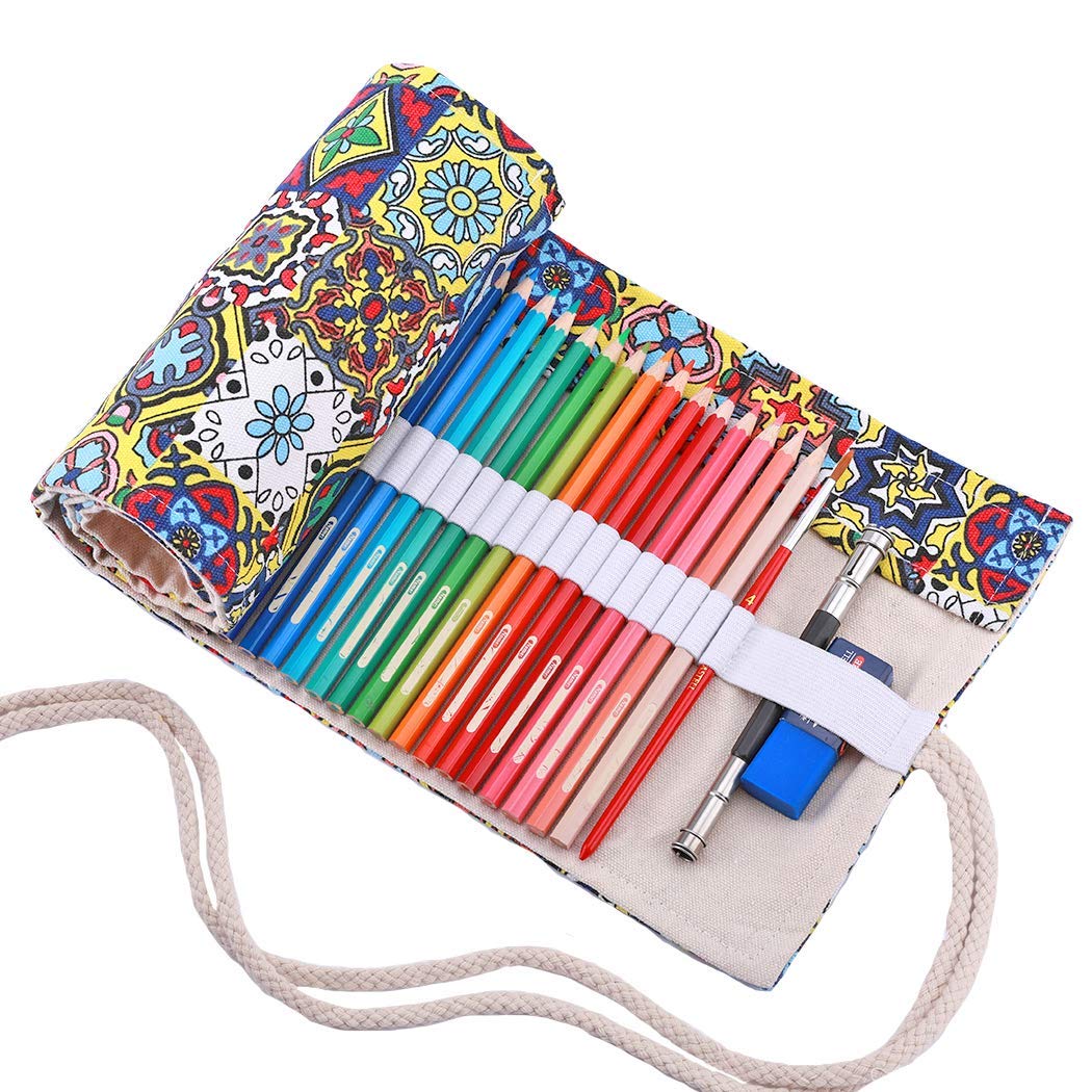 Amoyie Roll Up Pencil Case for 72 Coloured Pencils, Foldable Colouring Pen Organiser Bag, Canvas Coloring Pens Holder, Artist Wrap, Colorful