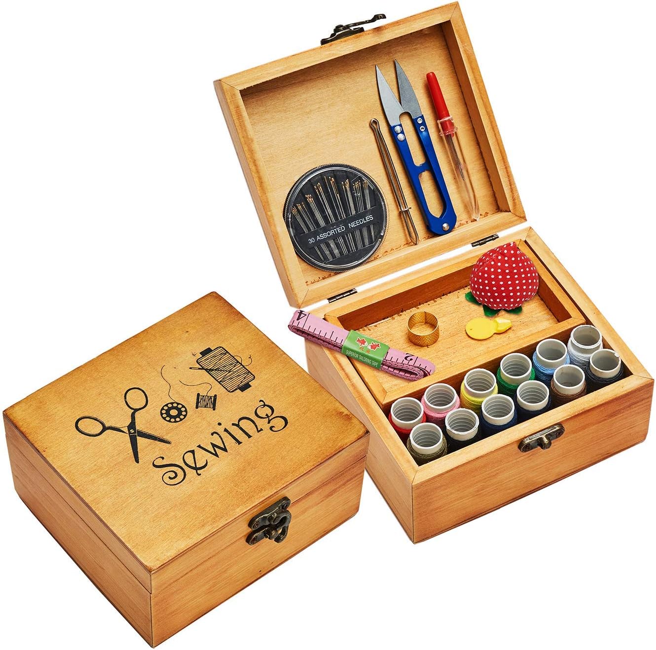 Sewing Kit, Wooden Sewing Basket with Accessories, Sewing Box with Sewing Kit Accessories for Home Repair Tool Set for Beginners/Women/Men/Girls/Kids