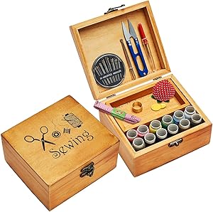 Sewing Kit, Wooden Sewing Basket with Accessories, Sewing Box with Sewing Kit Accessories for Home Repair Tool Set for Beginners/Women/Men/Girls/Kids