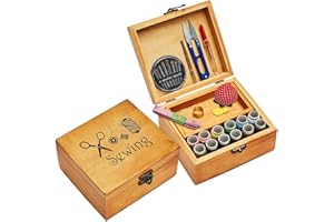 Sewing Kit Basket, Wooden Sewing Box with Accessories, Home Sewing Repair Tool Kit Sewing Starter Kit for Adults Kids