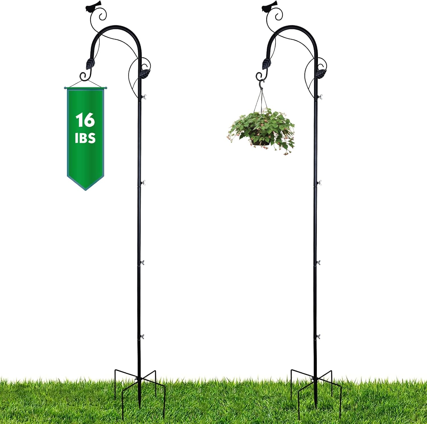 Outdoor Shepherd's Hooks - MorTime 2 Pack Outdoor Shepherd Hooks, 77 inches Heavy Duty Extendable Metal Garden Hanger Stake Pole with 5 Prong Base Bird Decor Shepherd Hook for Plants Bird Feeders Lanterns Wind Chimes