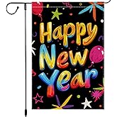 Happy New Year Garden Flag 12x18 Inch Double Sided Small Burlap Colorful Balloon and Firework Design Winter garden Flags Holiday Decor House Outdoor Outside Decoration