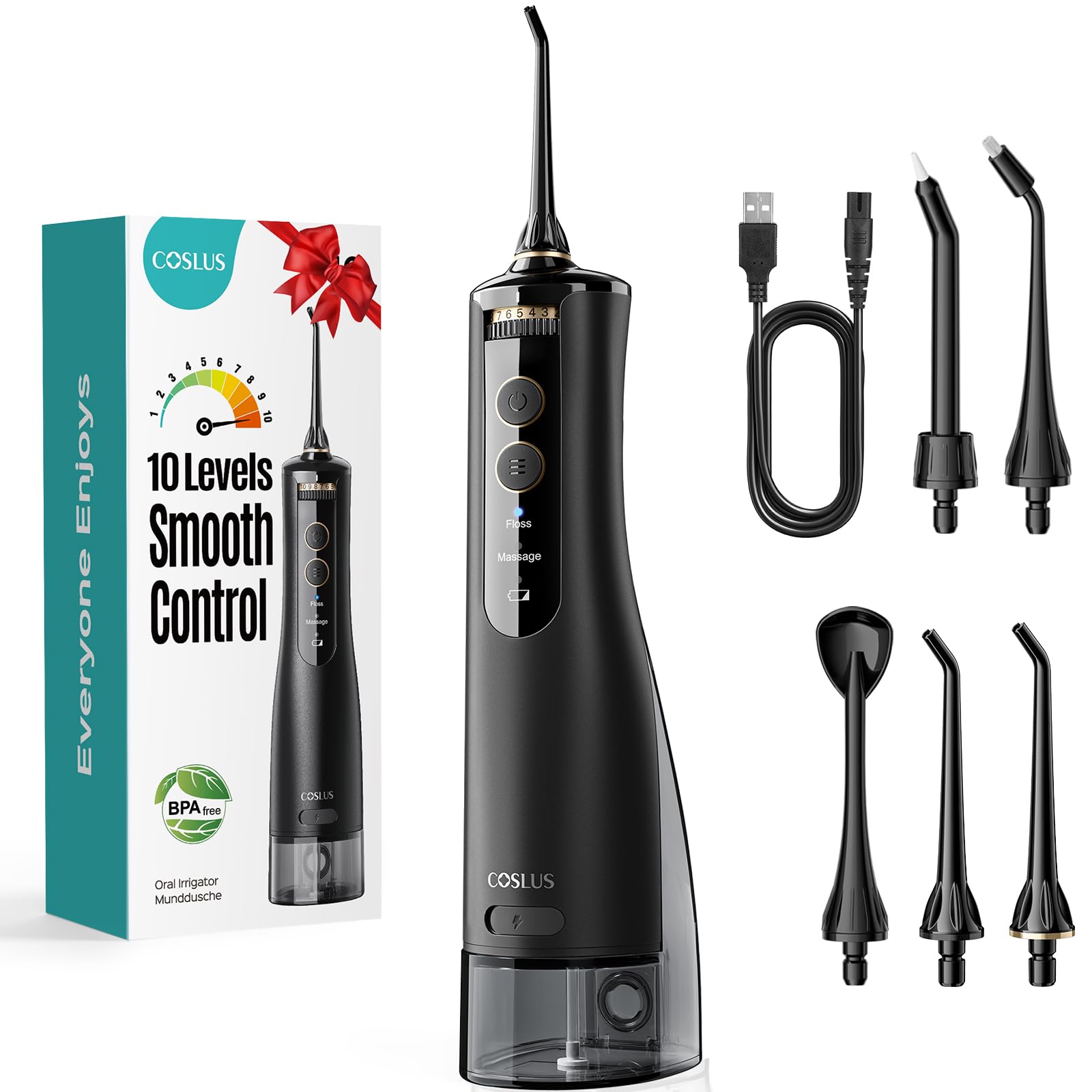 COSLUS E40 Water Flosser for Teeth Cordless: 2 Modes & 10 Levels Irrigador Dental for Orthodontic & Braces & Sensitive Gums - Portable for Adults Teens Travel Home Use with 5 Jet Tips