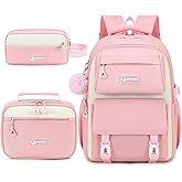 3PCS Girls Backpack for School, Kids Backpack for Girls with Lunch Bag & Pencil Pouch Set for Teen Girl Elementary Primary Middle High College School Bookbag (Pink)