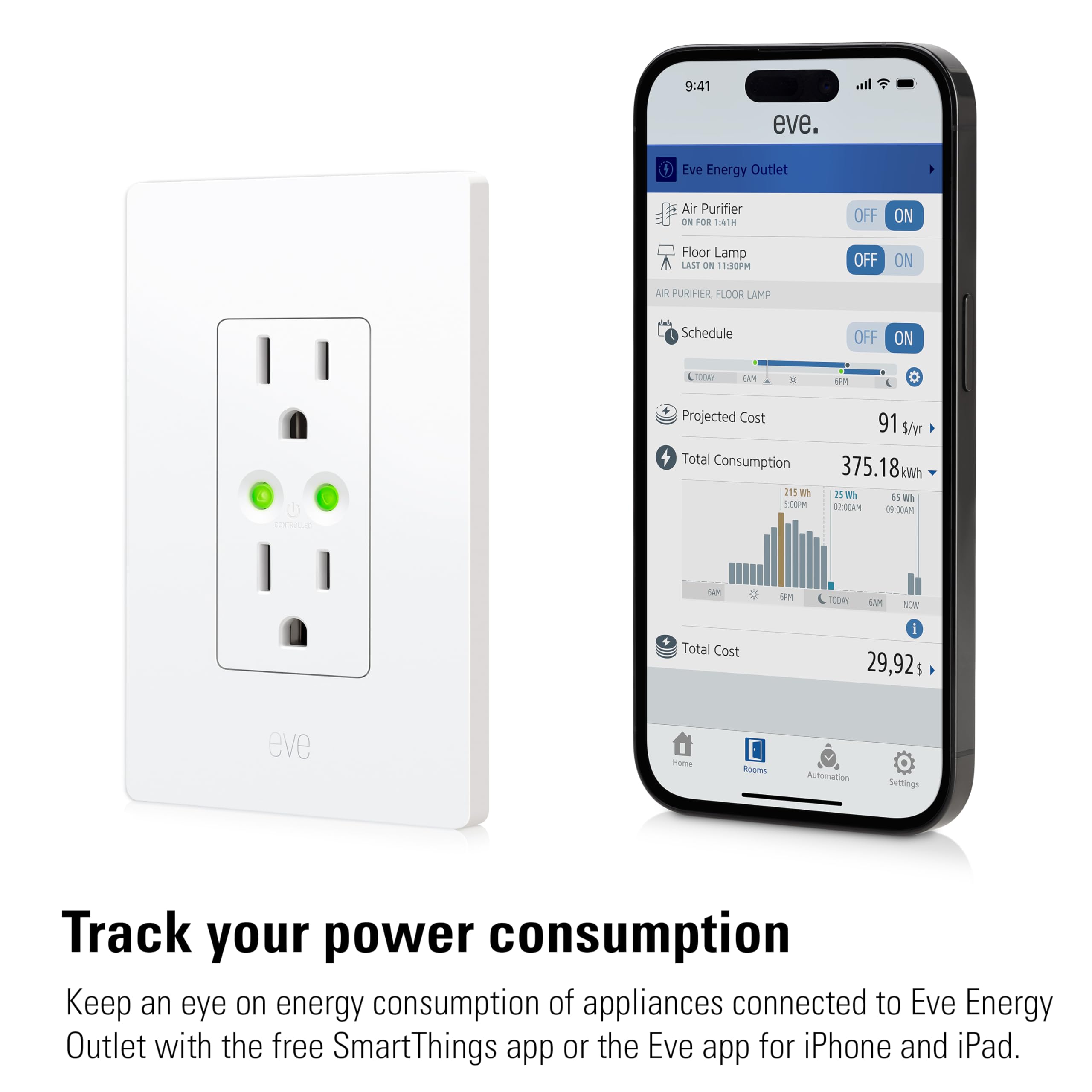 Eve Energy Outlet (Matter) – Smart Outlet & Power Meter, App & Voice Control, No Bridge, Thread, Works with Apple Home, Alexa, Google Home, SmartThings, 100% Privacy, Requires Thread Border Router