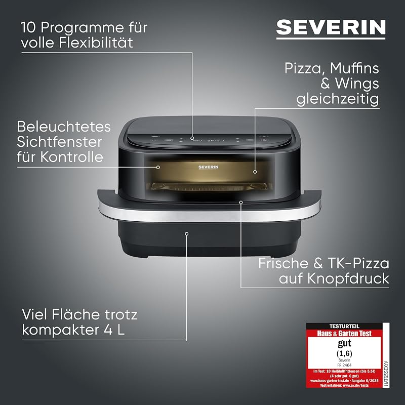 Heißluftfritteuse Pizza & More, Pizzaprogramme, 10 Garprogramme, optimale Wärmeverteilung, extra breite Form, mit Sichtfenster, 4L, 2100W, schwarz, silber, S-Fry, FR 2464