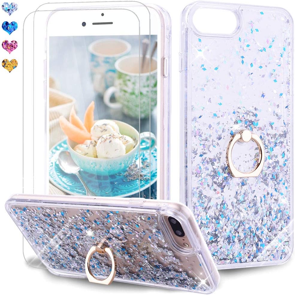 Feyten iPhone 8 Plus/iPhone 7 Plus Case with Tempered Glass Screen Protector [2 pack], Sparkly Glitter Bling Flowing Liquid Floating Case Cover with Kickstand for iPhone 8/7 Plus 5.5" (Silver)