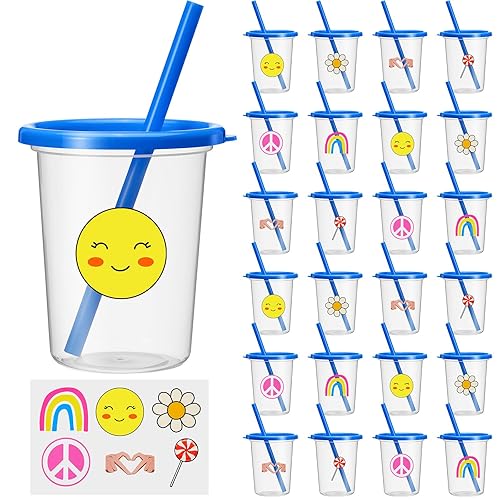 Nuanchu 24 Pack Reusable Cups with Straws and Lids 10 OZ Plastic Cups with Sticker Clear Tumblers Lids and Straws for Birthday Summer Parties Favors (Cute)