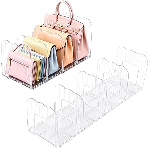 LIWNYRK 2 Pack Purse Organizer for Closet Clear Acrylic Shelf Dividers for Large Small Bag Pocket Book Clutch, Expandable Han