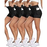 NORMOV 4 Packs Spandex Shorts for Women with Pockets, 3'' High Waisted Tummy Control Booty Yoga Shorts