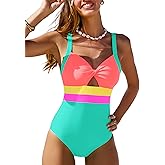 popvil Women's Neon One Piece Swimsuit, Tummy Control Retro Bow Front Bathing Suit, Adjustable Strap Color Block Swimwear