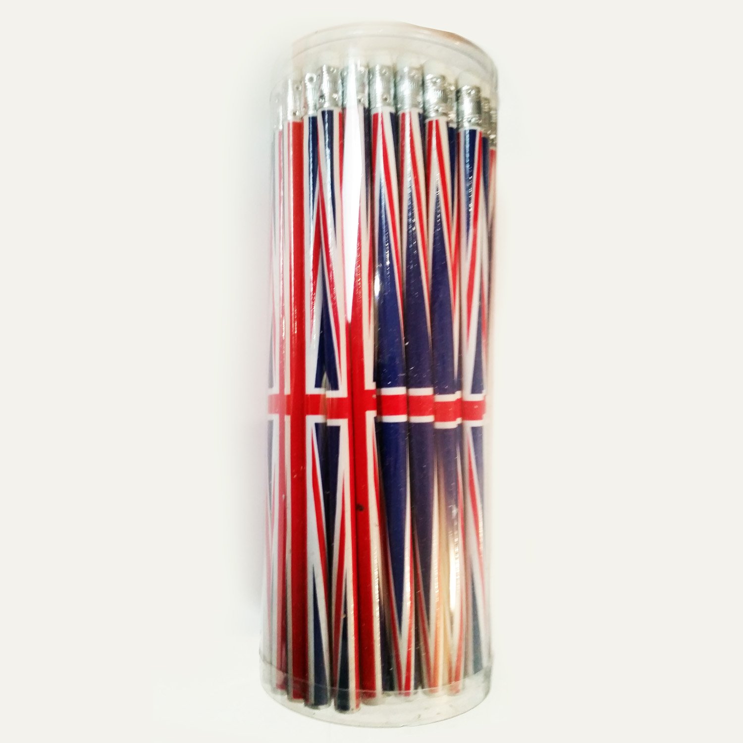 Union Jack Pencil Set of 72 - with Eraser Heads/Plastic Tube Pack/British Flag/London UK Souvenir for School Classroom Office or Home/Pupils or Students